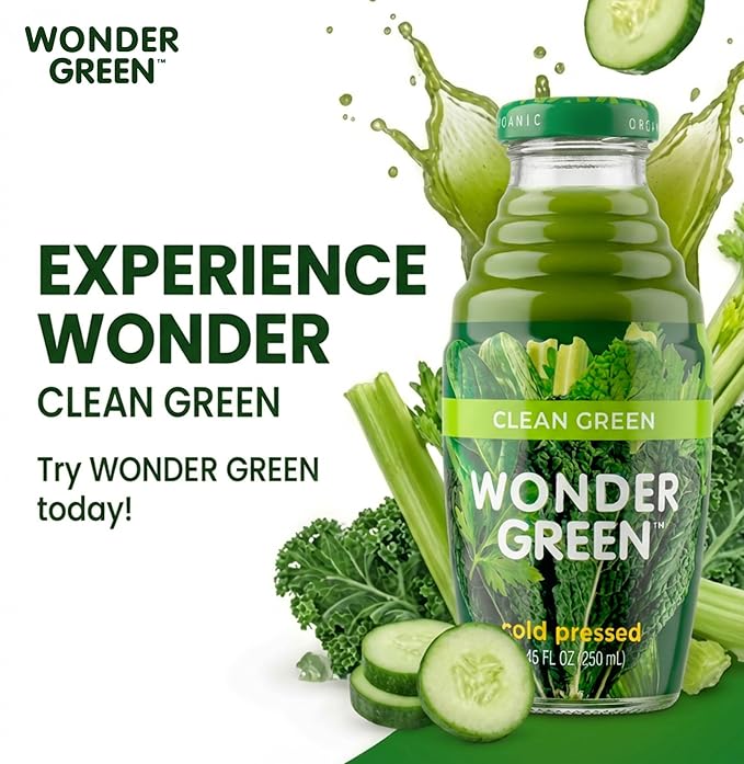Wonder Green 100% Organic Clean Green Cold Pressed Juice 8.45 oz (6 Pack) | Kale &amp Vegetable Juice Blend All Natural No Additives or Preservatives Not from Concentrate