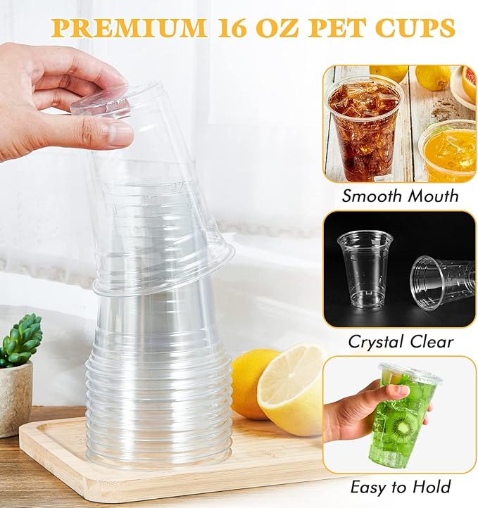 Vplus 160 Pack 16 OZ PET Clear Plastic Cups with Lids 16 OZ Crystal Cold Disposable Drinking Plastic Cups with Flat Lids Perfect for Ice Coffee Smoothie Juice