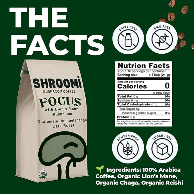 Shroomi Award-Winning Mushroom Focus Coffee - 16000mg Lions Mane Blend | Organic Brain Coffee Ground with Reishi and Chaga | Mental Clarity and Calm Energy | Dark Roast for Deep Focus | 10oz
