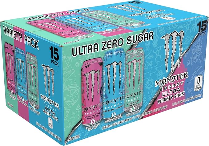 Monster Energy Ultra Variety Pack Blue Hawaiian Ultra Vice Guava Ultra Fantasy Ruby Red Sugar Free Energy Drink 16 Ounce (Pack of 15)