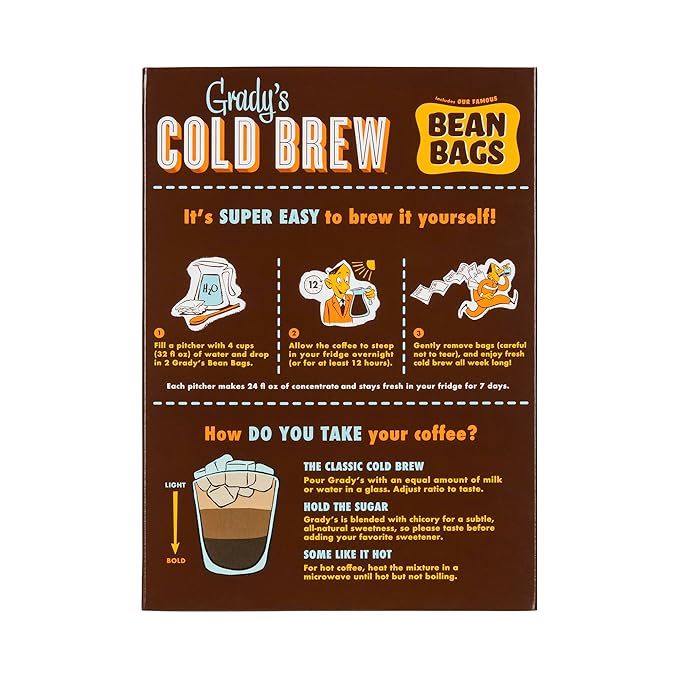 GRADY’S COLD BREW New Orleans Style - DECAF 100% Arabica Ground Coffee &amp Chicory Pouches ONE Bundle of 4 Easy-to-Brew Bean Bags Makes 12 drinks