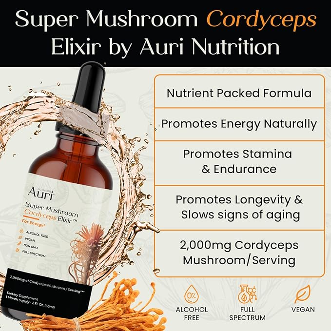 Auri Nutrition Super Mushroom Cordyceps Elixir for Stamina Natural Energy Youthfulness and Longevity with Full Spectrum Support - Cordyceps Tincture 60 ml