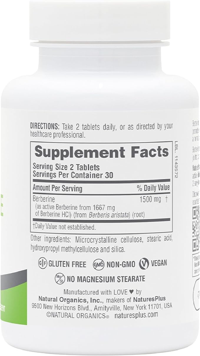 NaturesPlus PRO Berberine 1500 mg - 60 Tablets - Supports Healthy Metabolism - Non-GMO Vegan &amp Gluten Free - 30 Servings