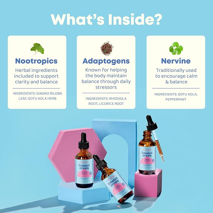 JoySpring Genius Drops for Kids | Clinically Proven Focus Supplement | Liquid Herbal Focus Supplement with Ginkgo Biloba for Kids (1 fl oz) 30 Servings
