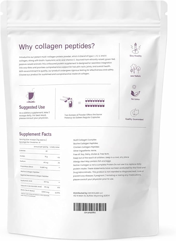 microlabs™ Multi Collagen Peptides Powder 16 oz – Type I II III V &amp X Hydrolyzed Collagen with Hyaluronic Acid Biotin &amp Vitamin C – Unflavored Collagen Protein Powder for Men &amp Women