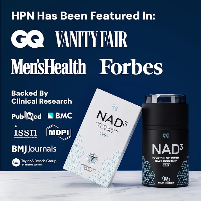 HPN NAD3 Clinical NAD+ Booster Cellular Health &amp Natural Energy - NAD Supplement for Healthy Aging Metabolic Support NRF2 &amp Longevity Nicotinamide Riboside &amp NMN Alternative 120ct 60