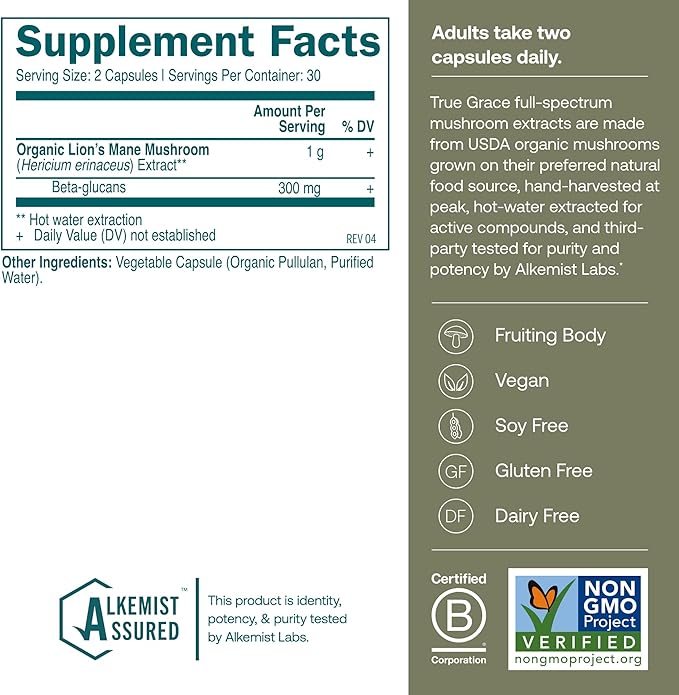 True Grace Mushroom Lion's Mane Brain Nerve &amp Cognitive Support - 60 Count Capsules - Organic