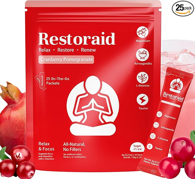 Restoraid Relaxation Drink Mix – 25 Packets | Magnesium L-Theanine Ashwagandha Taurine Glycine | Calming &amp Relaxing Supplement (Cranberry Pomegranate)