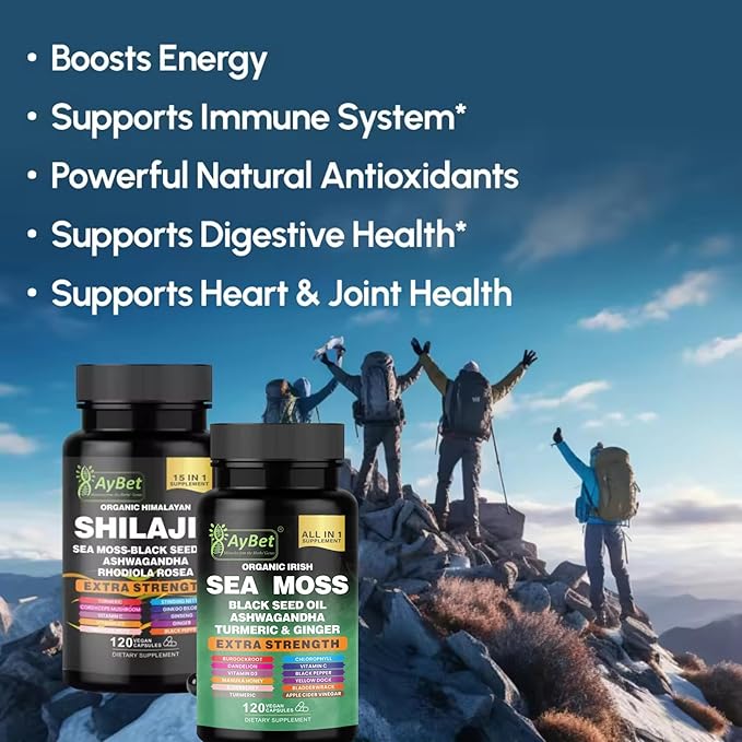 Sea Moss &amp Himalayan Shilajit Supplement Combo–Herbal Formula with Black Seed Oil Ashwagandha Rhodiola Turmeric Ginger – Mineral Antioxidant Support–Organic Halal Vegan Capsules–120 Count