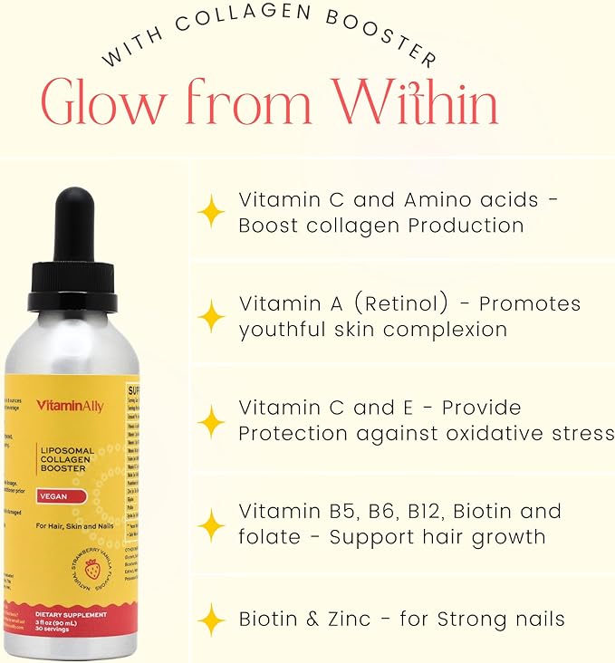 Vegan Liposomal Liquid Collagen Booster Drops | Supports Healthy Hair Skin and Nails | Vegan | Non-GMO | Sugar Free | Gluten Free | Easy to Use