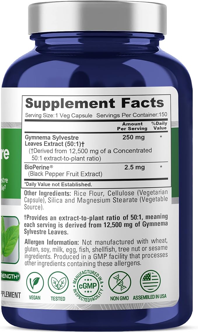 NusaPure Gymnema Sylvestre 50:1 Extract 250 mg Equivalent to 12500mg Per Vegan Caps - 150 Count (Non-GMO Vegan Bioperine) (Pack of 2)