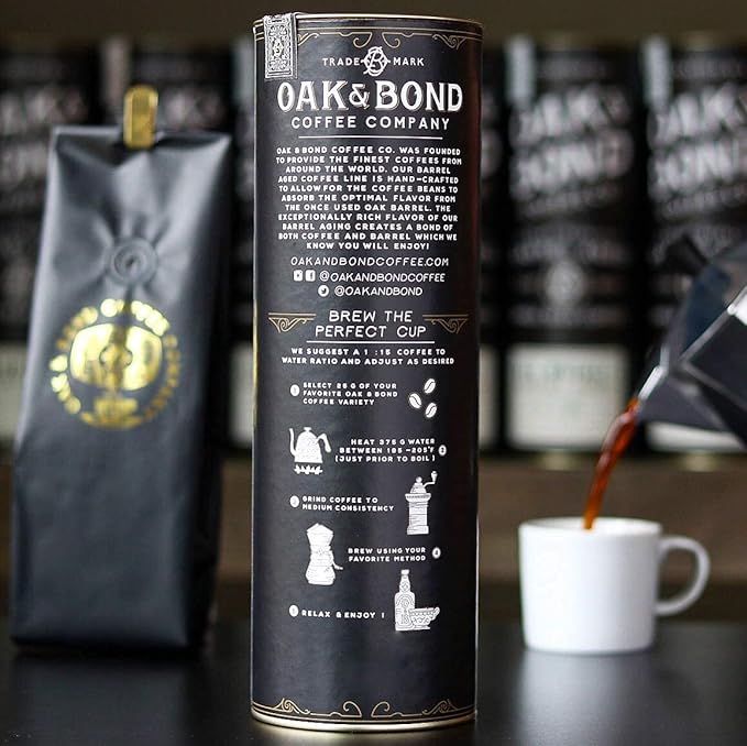 Oak &amp Bond Coffee Co. Bourbon Barrel Aged Coffee Brazil Single Origin Whole Bean Medium Roast - Chocolate Caramel Mandarin Orange Sweet Bourbon Flavors - 10oz