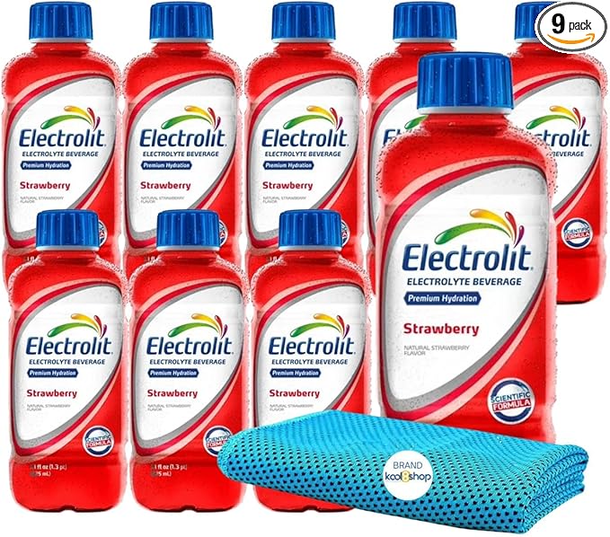 Electrolit Strawberry Hydration Drink With Electrolytes 21 fl oz Plastic Bottles 9 Pack+ 1 Microfiber Cooling Towel by KOOL8SHOP Infinite Deals