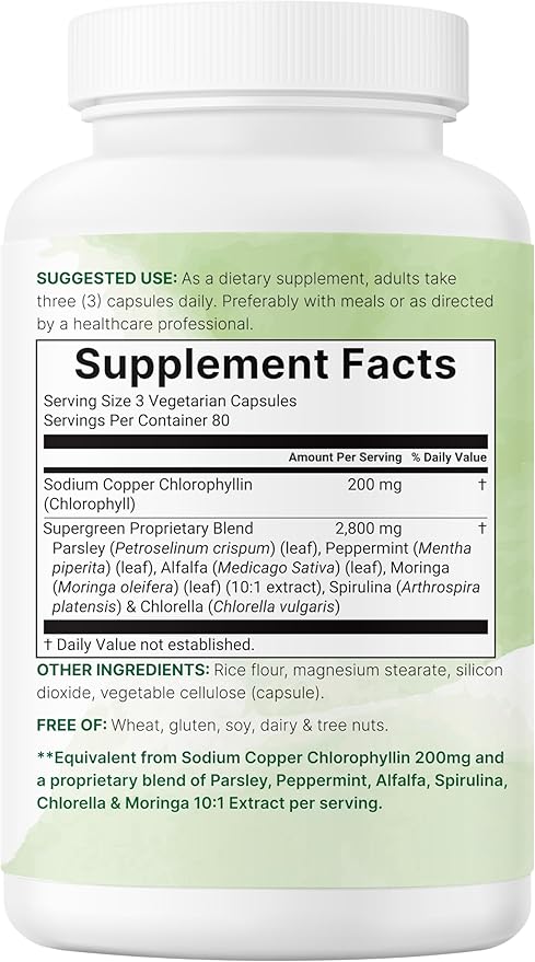 Micro Ingredients Chlorophyll Super Greens Complex | 240 Veggie Capsules with Parsley Moringa Spirulina Chlorella &amp More | Gluten-Free No Additives