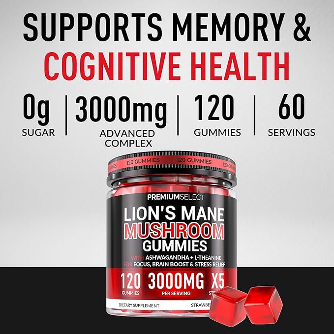 Lions Mane Gummies Sugar Free – 120 Gummies for Clarity &amp Brain Nutrition Support - Lion's Mane Mushroom 3000mg with Ashwagandha &amp L-Theanine – Brain &amp Mood Supplement – Focus Memory Cal