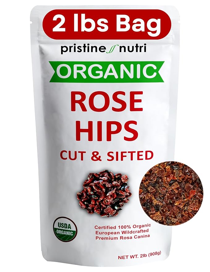 2 lb (32 oz) 100% USDA Organic Rose Hips Dried Bulk Rosehips Cut &amp Sifted Shells 95% Seedless European All Natural Makes 140 Cups of Vitamin C Rich Tea (packaging may vary)