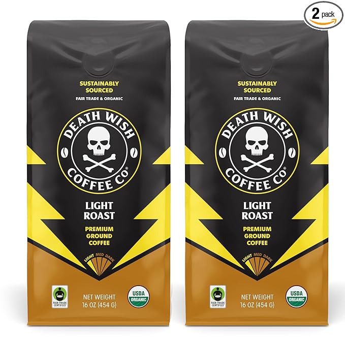 Death Wish Coffee Ground Light Roast Organic and Fair Trade 1 Pound (Pack of 2)