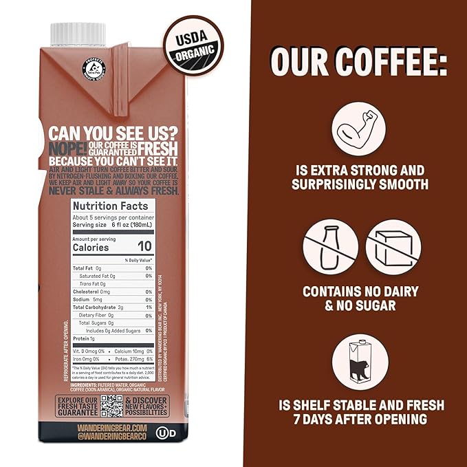Wandering Bear Organic Cold Brew Coffee Variety Pack - Extra Strong Bold Smooth Unsweetened Shelf-Stable Ready to Drink &amp Vegan Iced Cold Brewed Coffee Drink - 32 fl oz (3pk - Vanilla Black