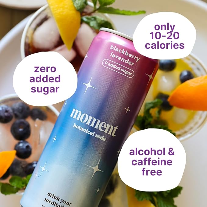 Moment Botanical Soda Soft Drink (Shark Tank) - SPARKLING Drinks | Fruity Fun | L-Theanine &amp Ashwagandha for Calm &amp Clarity | 0 Added Sugar 0 Caffeine | 24-pack