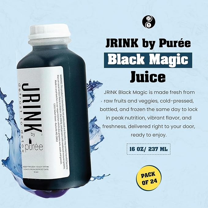 JRINK by Purée Black Magic Cold Pressed Juice Cleanse Organic Raw Fruit and Vegetable Detox Drink Healthy Cleanse No Preservatives Cold Press Juice 24 Bottles 16oz Each