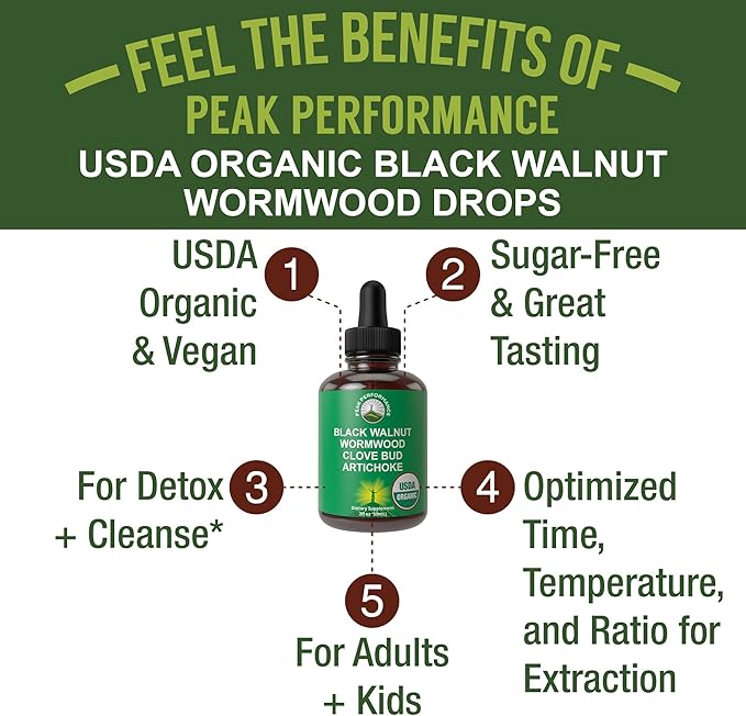 USDA Organic Wormwood Black Walnut Clove Drops Cleanse for Humans. Sugar Free Supplement for Intestinal Cleanse Detox Support for Adults and Kids. with Artichoke and Clove Bud. Kosher No GMOs