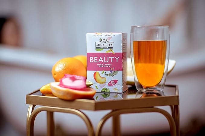 Ahmad Tea Herbal Tea Peach Carob and Rose Petals 'Beauty' Natural Benefits Teabags 20 ct (Pack of 6) - Decaffeinated &amp Sugar-Free