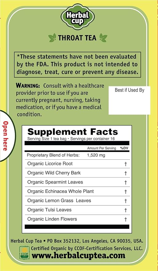 Herbal Cup Ayurveda Balanced Tea Organic Health &amp Body Focused Teas No Caffeine Herbal Supplement (Throat 16 Count (Pack of 6))