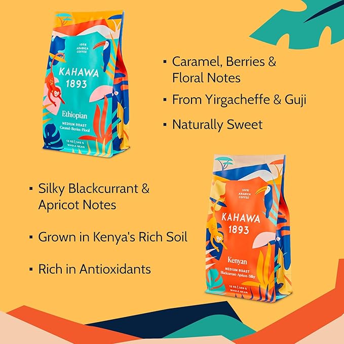 Kahawa 1893 Whole Bean Coffee Combo Pack Kenyan &amp Ethiopian Blend (12 Oz x 2) - As Seen on Shark Tank High Antioxidants Naturally Sweet Organically Grown Ethically &amp Sustainably Sourced