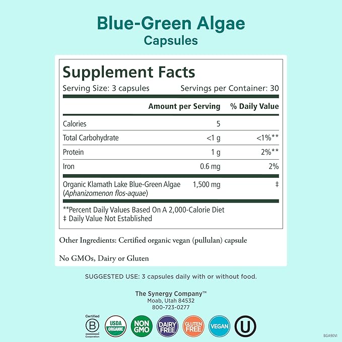 PURE SYNERGY Blue-Green Algae Capsules | Superfood with Chlorophyll | Organic Superfood Supplement from AFA Blue Green Algae | Supports Energy Mental Clarity and Detoxification (90 Capsules)