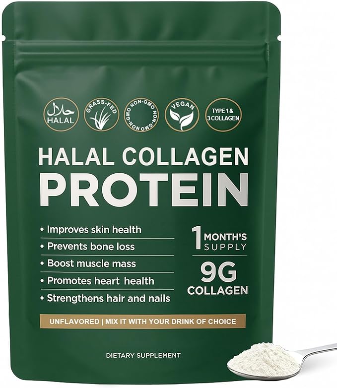 Halal Collagen Protein Powder - Pure Halal Collagen Peptides Grass Fed Organic Hydrolyzed Powder Skin Glows | Joints Support | Gut Support Non GMO Sugar Free Unflavoured 30 Servings