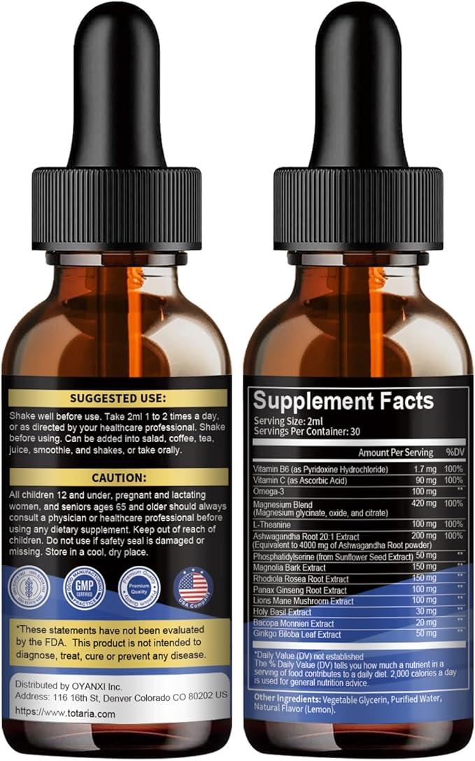 Totaria (Pack of 2 cortisol Supplement Liquid Drops Hormone Balance for Women Men with Magnesium ComplexAshwagandhaRhodiola RoseaL Theanine Supplements Mood Focus Sleep 4 FL.OZ