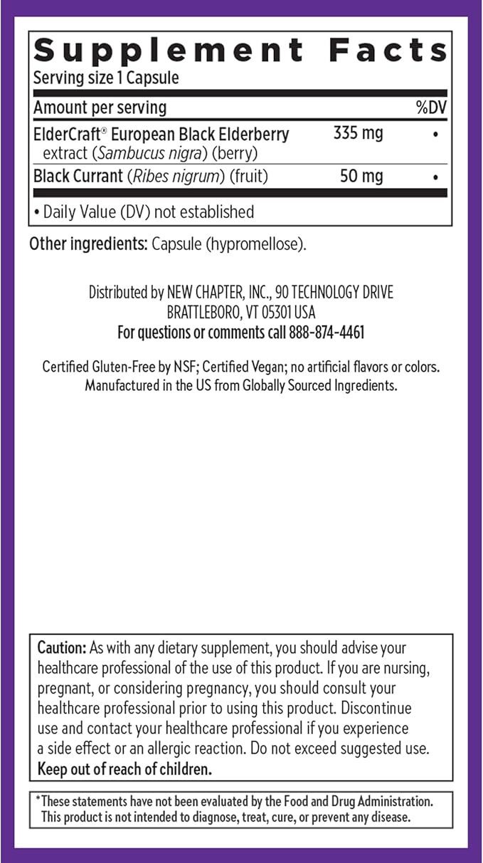New Chapter Vegan Elderberry Capsules with 64x Concentrated Black Elderberry + Black Currant for Comprehensive Immune Support Non-GMO Project Verified Gluten Free Certified Vegan 30 Count