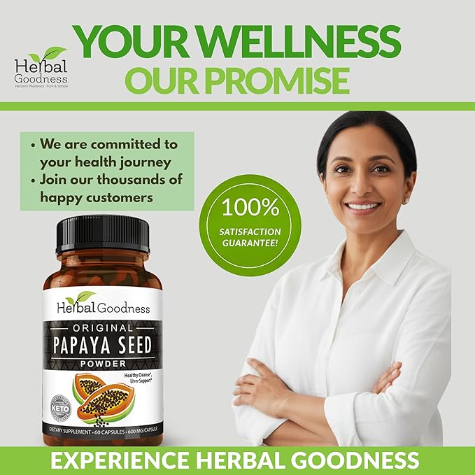 Herbal Goodness Papaya Seeds Powder Capsules - 600mg x 60 Pills Organic Papaya Digestive Enzymes (Papain) | Supports Gut Health Digestion &amp Colon Cleanse Broom 100% Natural Gluten Free Non-GM
