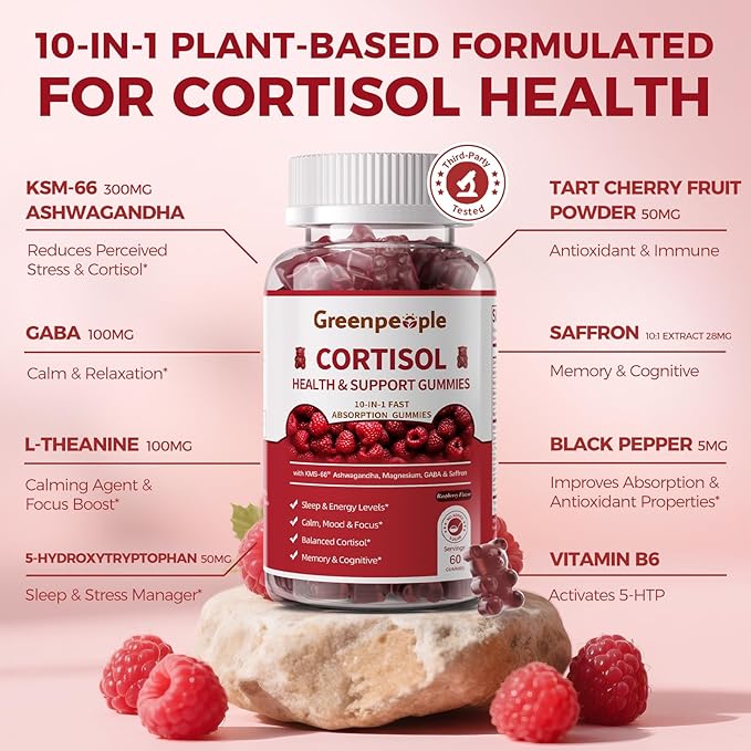 GREENPEOPLE Cortisol Supplements for Women &amp Men - Cortisol Reducer Detox Manager w/KSM-66 Ashwagandha/Magnesium/L-theanine/GABA/Vitamin B6 for Mood/Sleep/Stress Relief 60 CT Raspberry Flavor Gumm