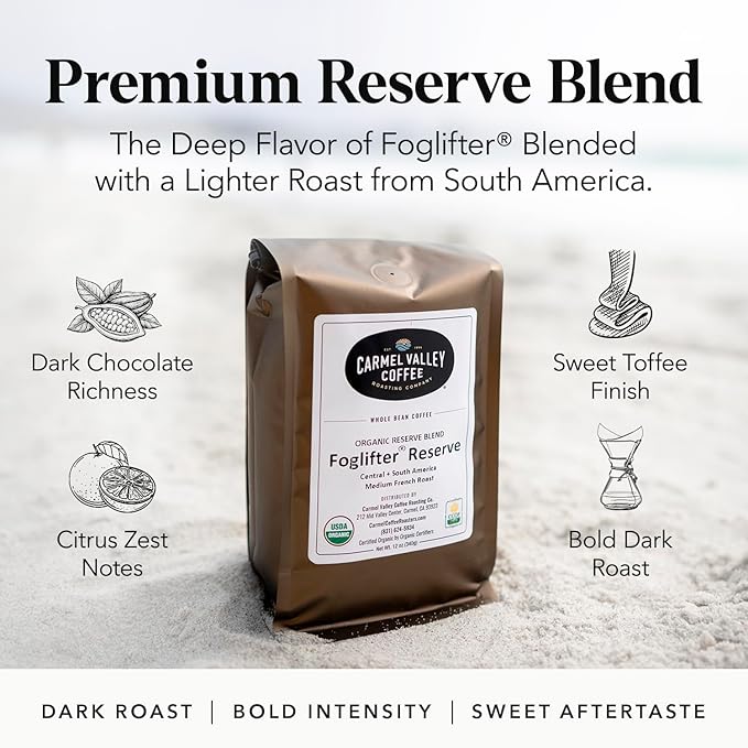Carmel Valley Coffee Roasting Foglifter® Reserve – Whole Bean Organic Medium Dark Roast Coffee Connoisseur's Premium Blend Citrus Zest &amp Toffee Notes 12 Ounce Bag (1 Pack)