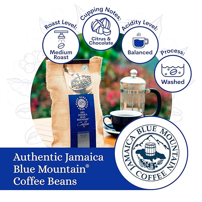 Cafe Blue - 100% Authentic Jamaica Blue Mountain Coffee (8 oz) Small Batch Roasted Whole Beans JACRA Certified Freshly Processed Jamaican Coffee Beans