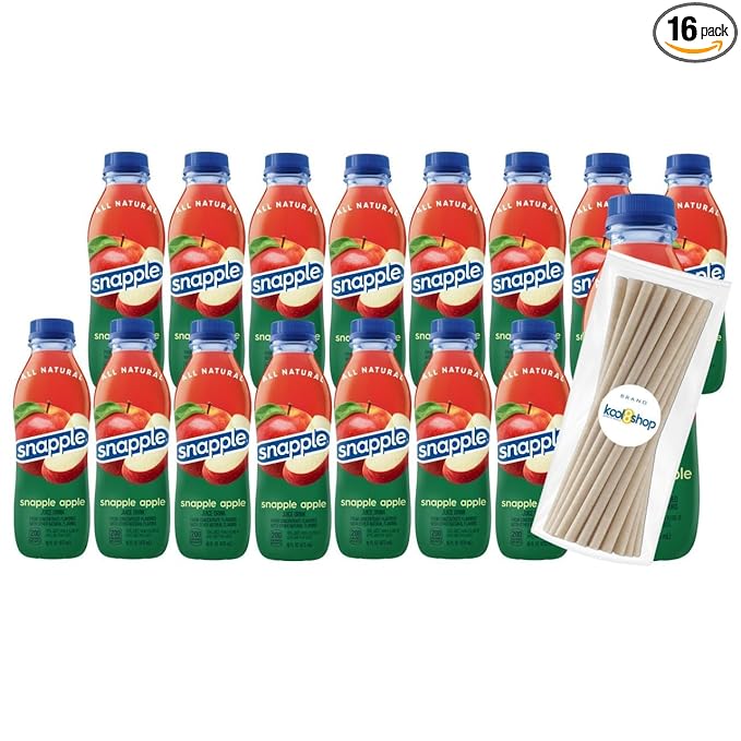 Snapple Apple All Natural Fruit Juice 16 fl oz Plastic Bottles 16 Pack + 15 Sugarcane Disposable Straws by KOOL8SHOP Infinite Deals