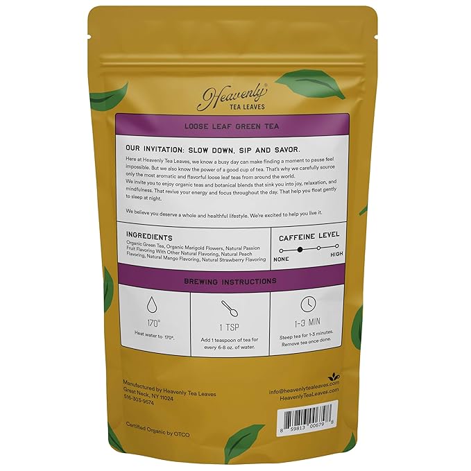 Heavenly Tea Leaves Organic Passion Green Bulk Loose Leaf Green Tea 1 Lb. (Approx. 200 Servings) - Antioxidant Rich Immune Boosting Hot or Iced Tea Great Natural Energy Source