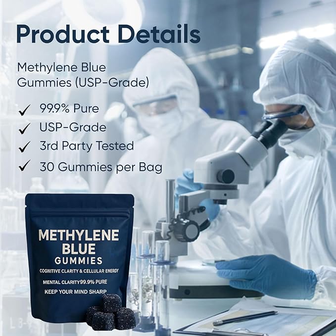 TrueHealthic Methylene Blue Gummies - Methylene Blue Gummies for Men Sustained Energy | Reduced Brain Fog | Mental Clarity | 99.9% Pure 30 Per Bag