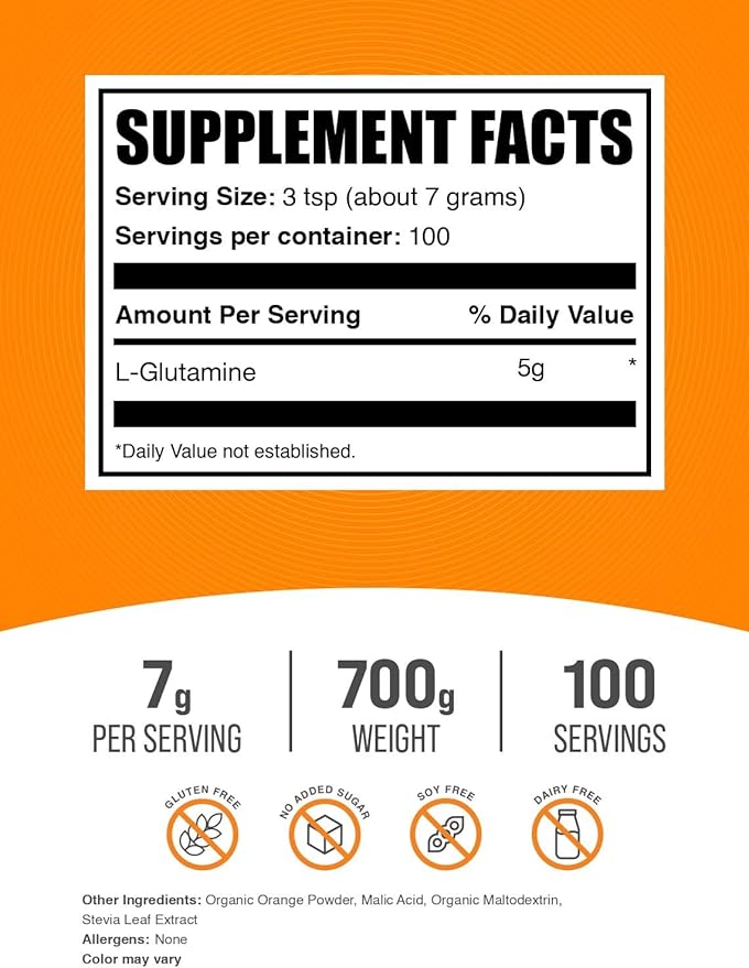 BulkSupplements.com L-Glutamine Powder - Glutamine Supplement Amino Acid Supplement - Orange Smash Flavor 7g per Serving 700g (1.5 lbs) (Pack of 1)