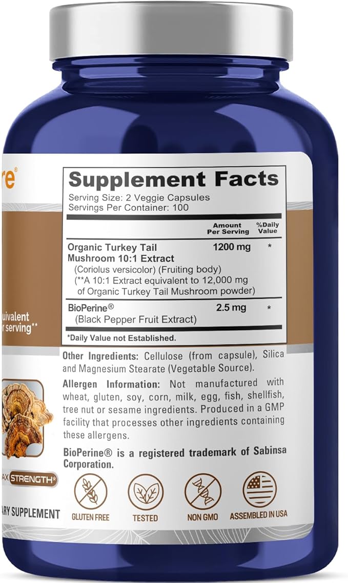 NusaPure Turkey Tail Mushroom Capsules 10:1 Extract 1200 mg Equivalent to 12000mg 200 Vcaps Non-GMO Gluten Free Bioperine