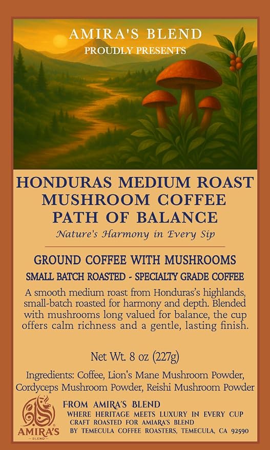 Path of Balance – Honduras Medium Roast Mushroom Coffee | Single-Origin Arabica + 3-Mushroom Functional Blend | Smooth Bright Centered Energy | Small-Batch Fresh Roasted