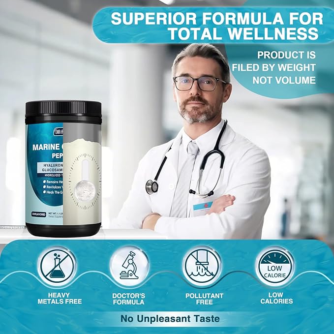 DRFOSTER Marine Collagen Peptides Powder with MSM + GC Multi Type I &amp III Collagen with Hyaluronic Acid Vitamin C &amp E for Skin Hair &amp Nails Wild-Caught Fish 50 Servings