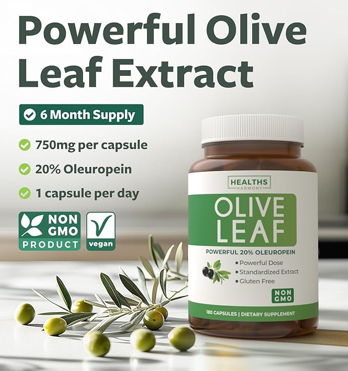 Super Strength Olive Leaf Extract Capsules - Vegan Non-GMO 750mg Olive Extract with 20% Oleuropein Antioxidant Supplement for Immunity Skin and Heart Health Support - Made in The USA (6 Month Supply)