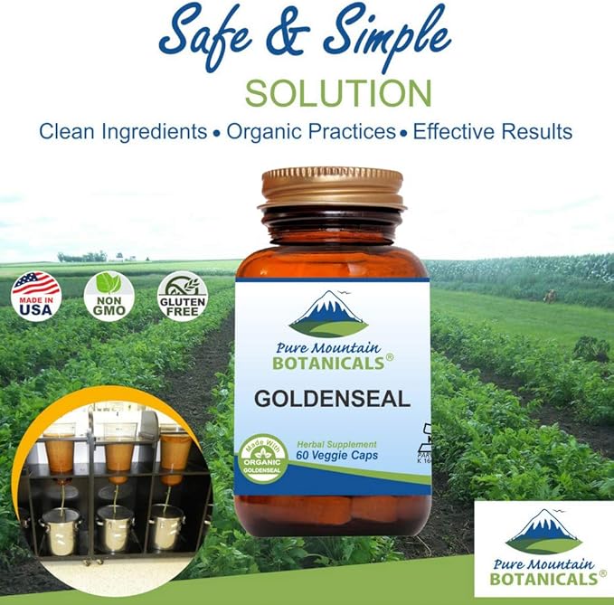 Pure Mountain Botanicals Goldenseal Capsules - Kosher Vegan Caps with 250mg Organic Goldenseal Root Supplement