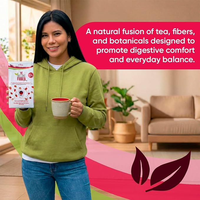 Fiber Plus – Digestive Support Tea Blend with Yellow Tea Flaxseed Chia &amp Aloe Vera. Natural Fiber &amp Herbal Infusion with Strawberry BlackBerry &amp Beetroot. Stevia Sweetened - 30 Servings