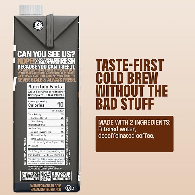 Wandering Bear Decaf Cold Brew Coffee - Bold Smooth No Sugar Added Shelf-Stable Ready to Drink Gluten Free &amp Vegan Decaf Iced Cold Brewed Coffee Drink - 32 fl oz 6 pack