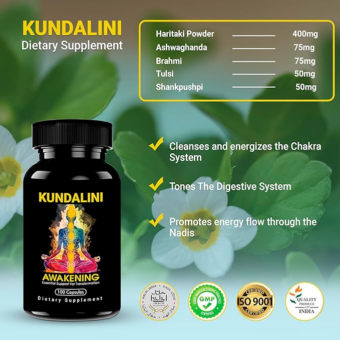 KUNDALINI AWAKENING Herbal Supplement – Ayurvedic Herbal Blend with Ashwagandha Bacopa Tulsi and Haritaki – Supports Spiritual Growth Chakra activation Meditation &amp Higher Consciousness.