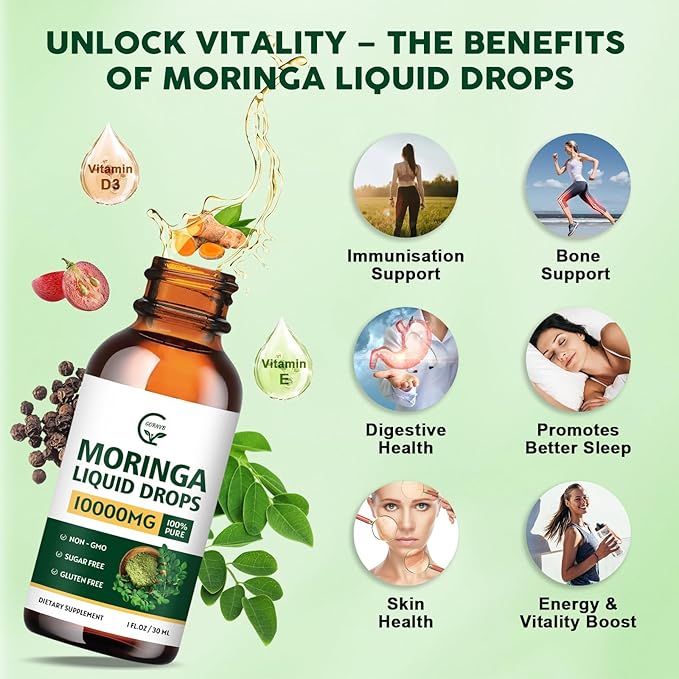 (2 Pack) Organic Moringa Liquid Drops Moringa Supplement with Turmeric Black Pepper Grape Seed Extract Pure Moringa Oleifera Leaf Extract for Skin Gut Immune Support More Potency Than Powder