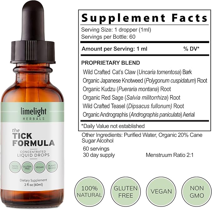LIMELIGHT HERBALS Tick Formula Liquid Drops – Natural Tick Support Immune Boost &amp Detox – Japanese Knotweed Andrographis Cat’s Claw Red Sage Kudzu Teasel – 60 Servings – Vegan Non-GMO USA